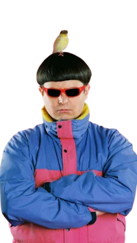 a man with sunglasses and a bird on his head