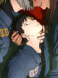 a group of anime characters are laying on top of each other