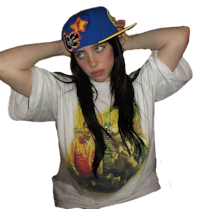 a girl wearing a t - shirt with a hat on her head